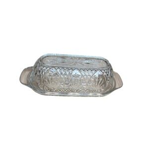 Vintage Clear Pressed Glass Butter Dish w/Lid Starburst Diamond Pattern USA MCM‎